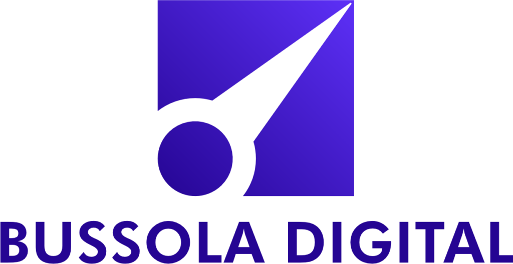 Logotipo da Bussola Digital, representando inovação e orientação no mundo digital com design moderno em tons de roxo.