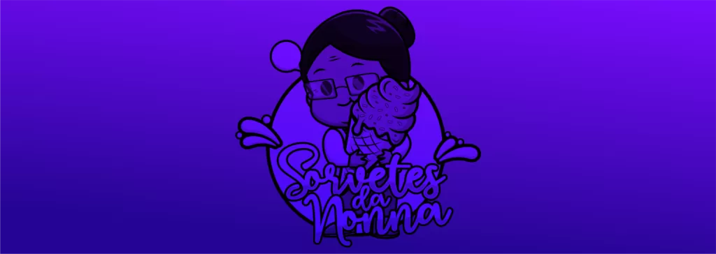 Logo da sorveteria 'Sorvetes da Nonna', apresentando uma personagem segurando um sorvete em um fundo roxo.