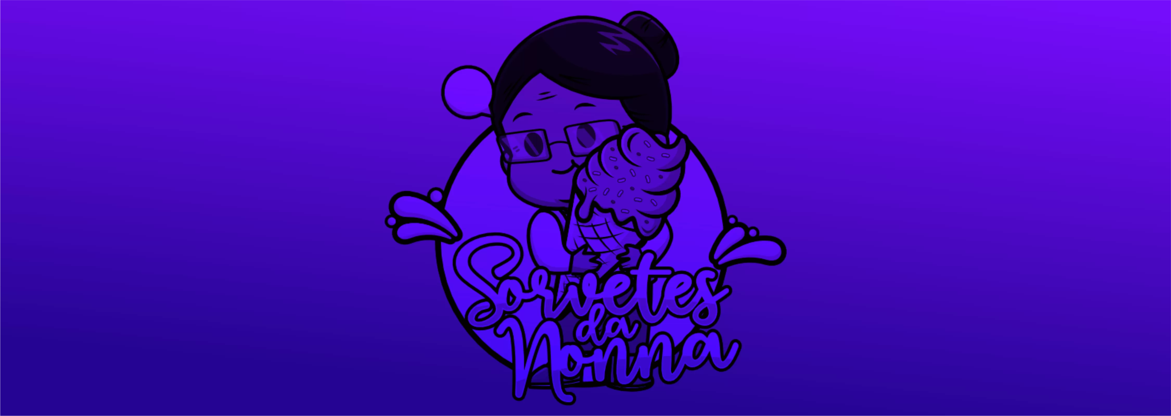 Logo da sorveteria 'Sorvetes da Nonna', apresentando uma personagem segurando um sorvete em um fundo roxo.