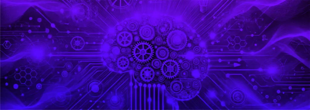 Imagem futurista de um cérebro com engrenagens, representando a conexão entre tecnologia e inteligência artificial em uma paleta roxa.