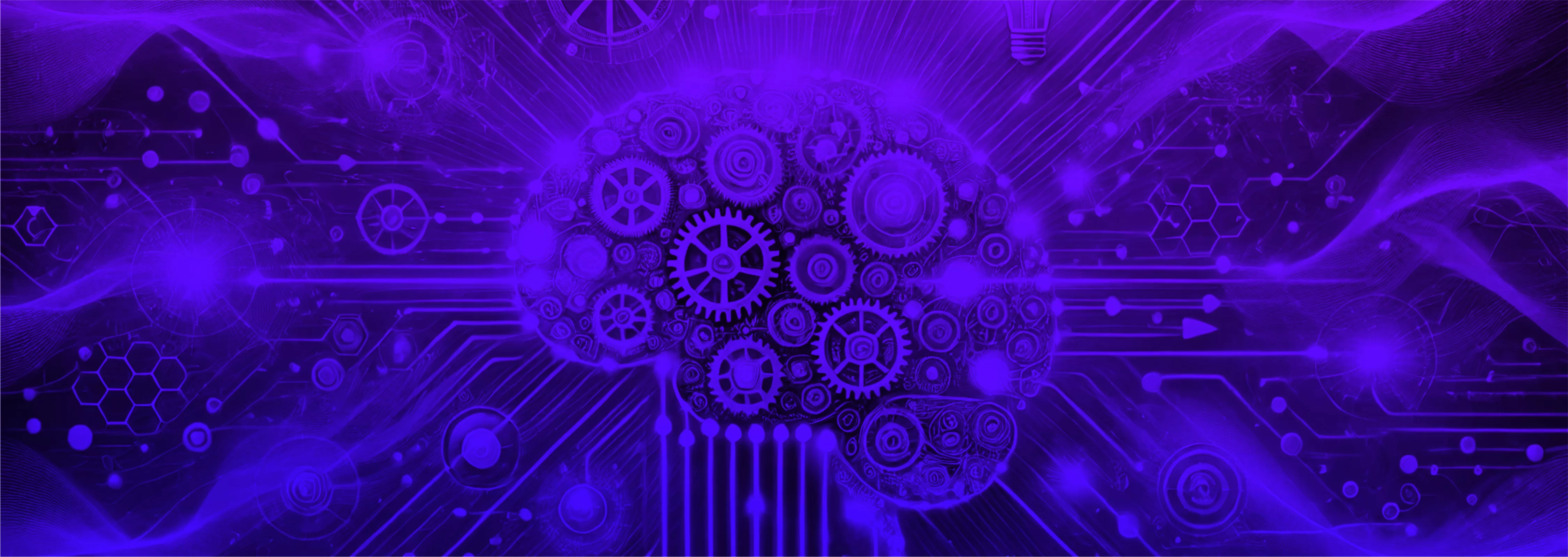 Imagem futurista de um cérebro com engrenagens, representando a conexão entre tecnologia e inteligência artificial em uma paleta roxa.